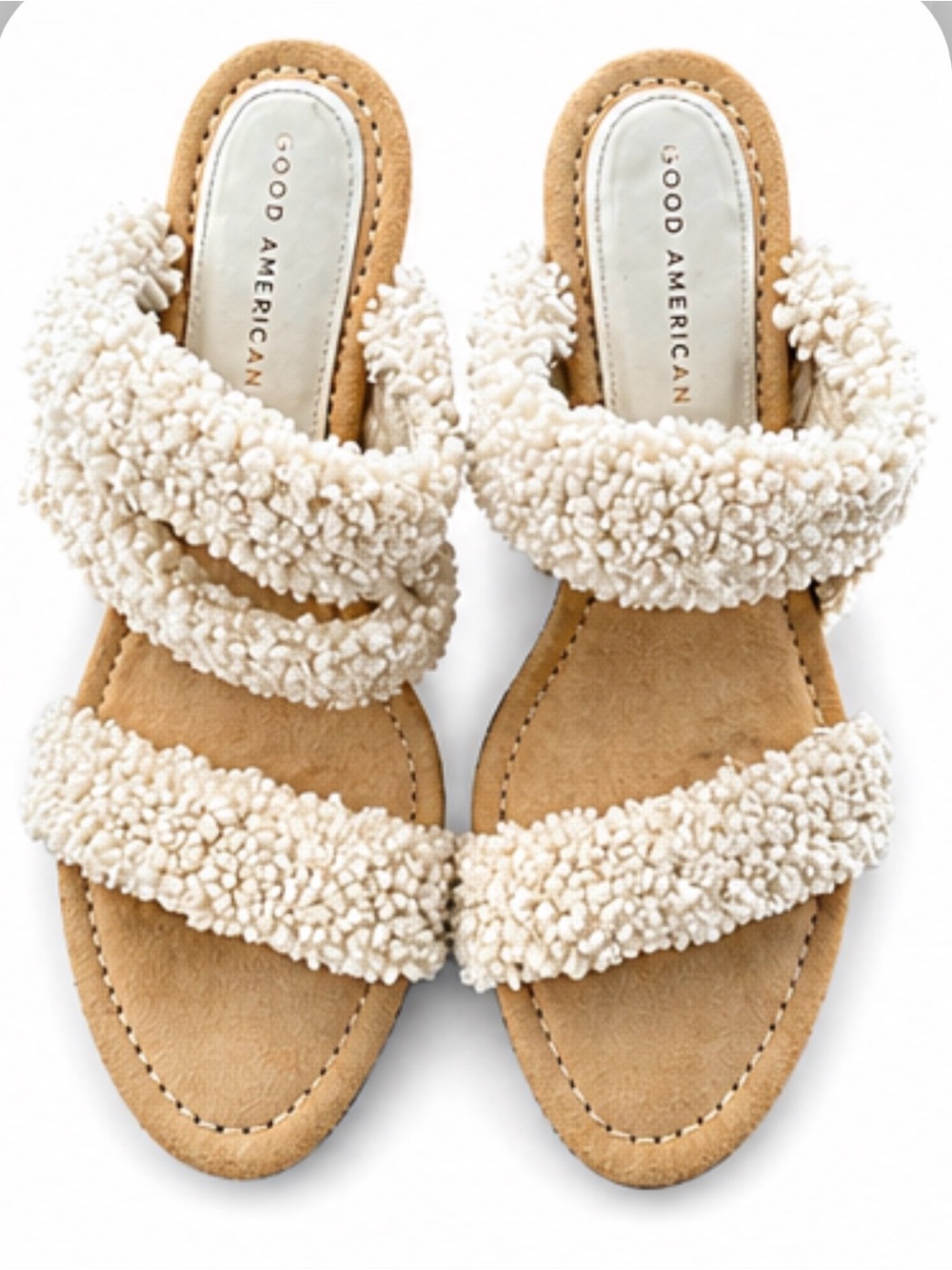 Good American Cream Sherpa Double-Strap Slide Sandals